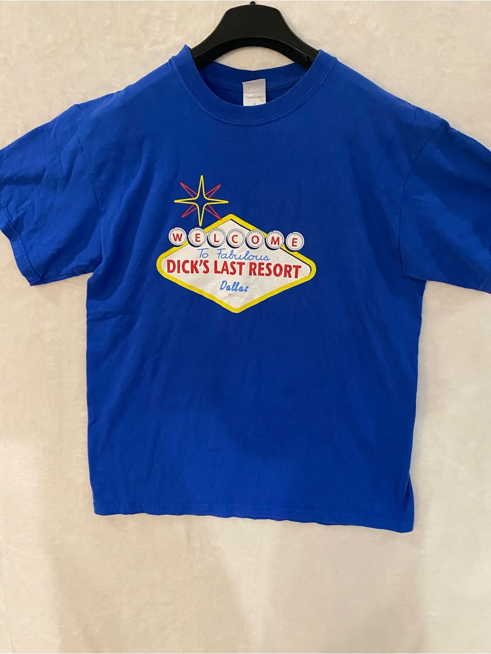 Gildan Royal Blue Short Sleeve Graphic Tee with Yellow & Red Sign Print